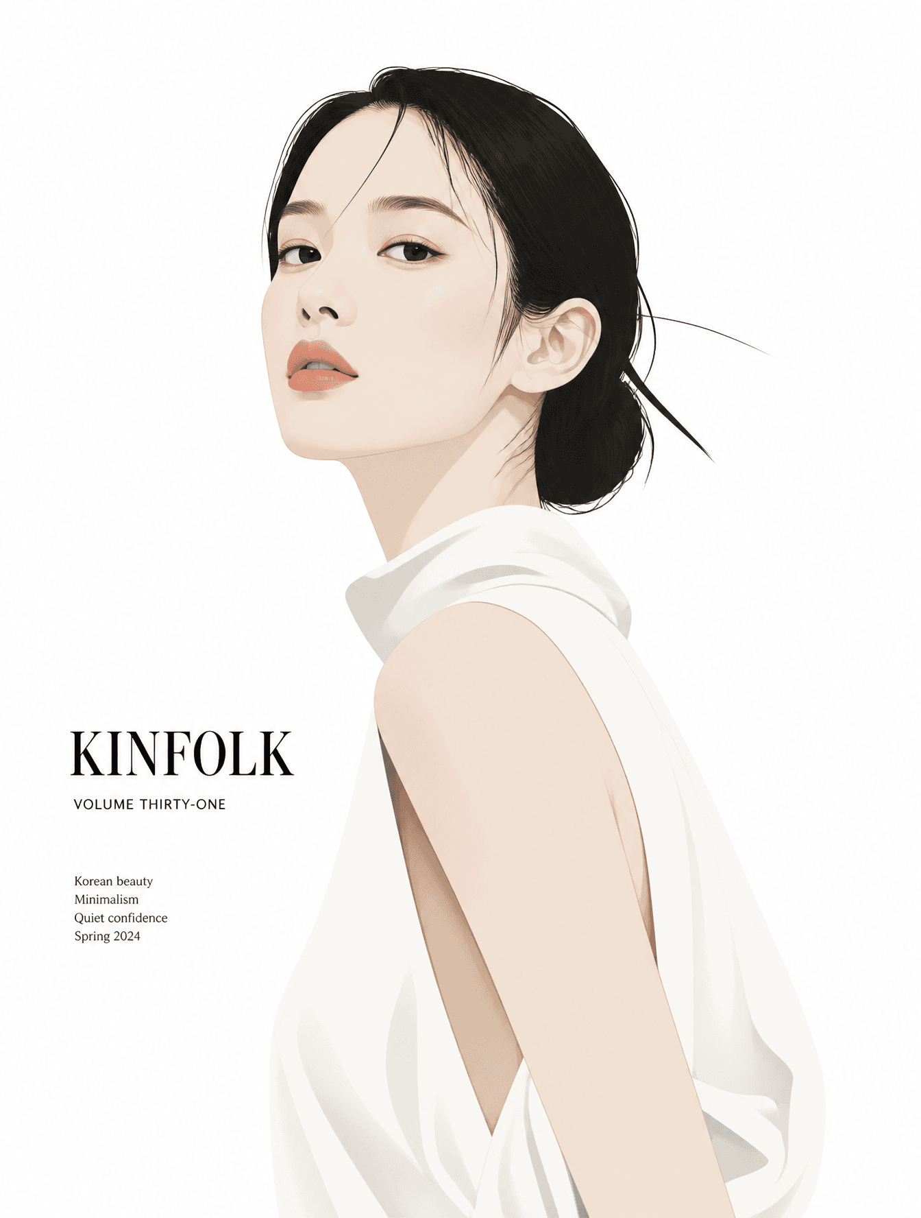 韩国美女 的高级杂志风格插画，细节极简，概念性视觉叙事，杂志级品质，干净的矢量渲染，大量留白，纯白背景