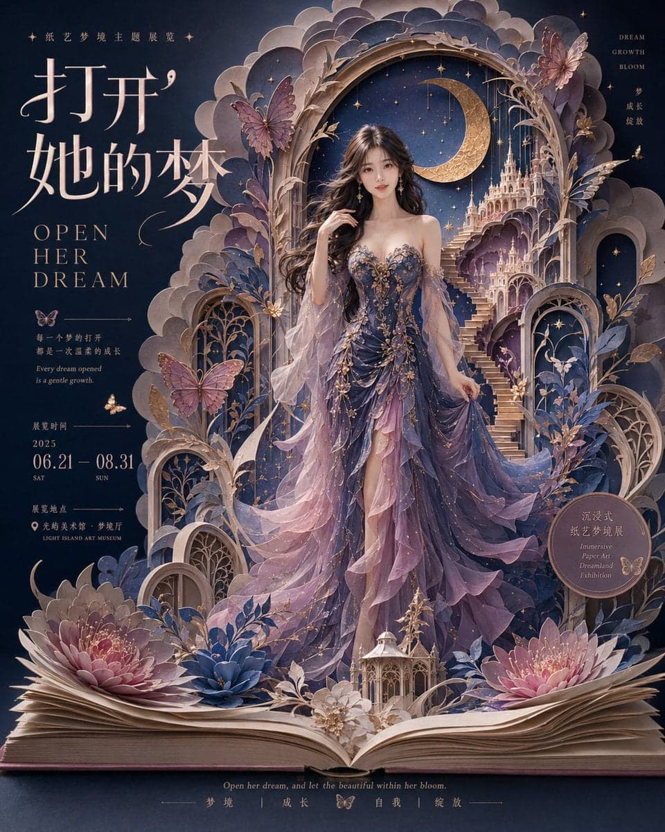 生成一张 4:5 竖版、高完成度的梦幻纸艺展览视觉海报，主题为《打开她的梦 / OPEN HER DREAM》。
