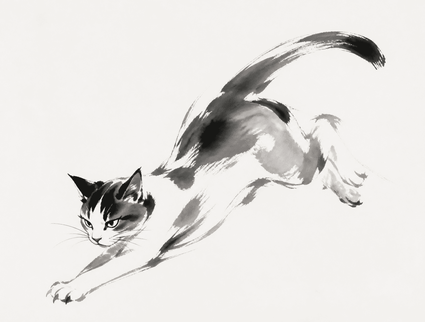 猫，极简东方水墨动态速写，无字