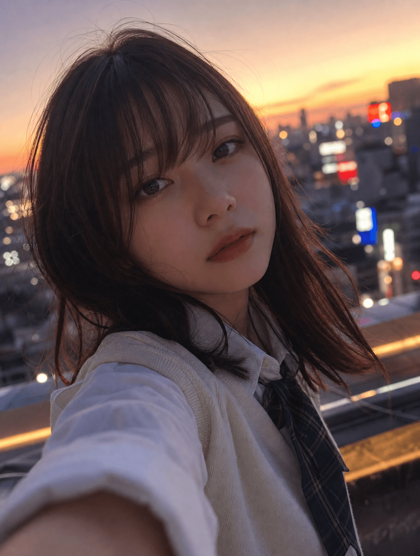 エモーショナルな雰囲気で、夕暮れ時の柔らかな光に包まれた日本人女子大生の自撮り写真。彼女の表情は少し憂いを帯びており、背景には都会のネオンがぼんやりと滲んでいる。浅い被写
