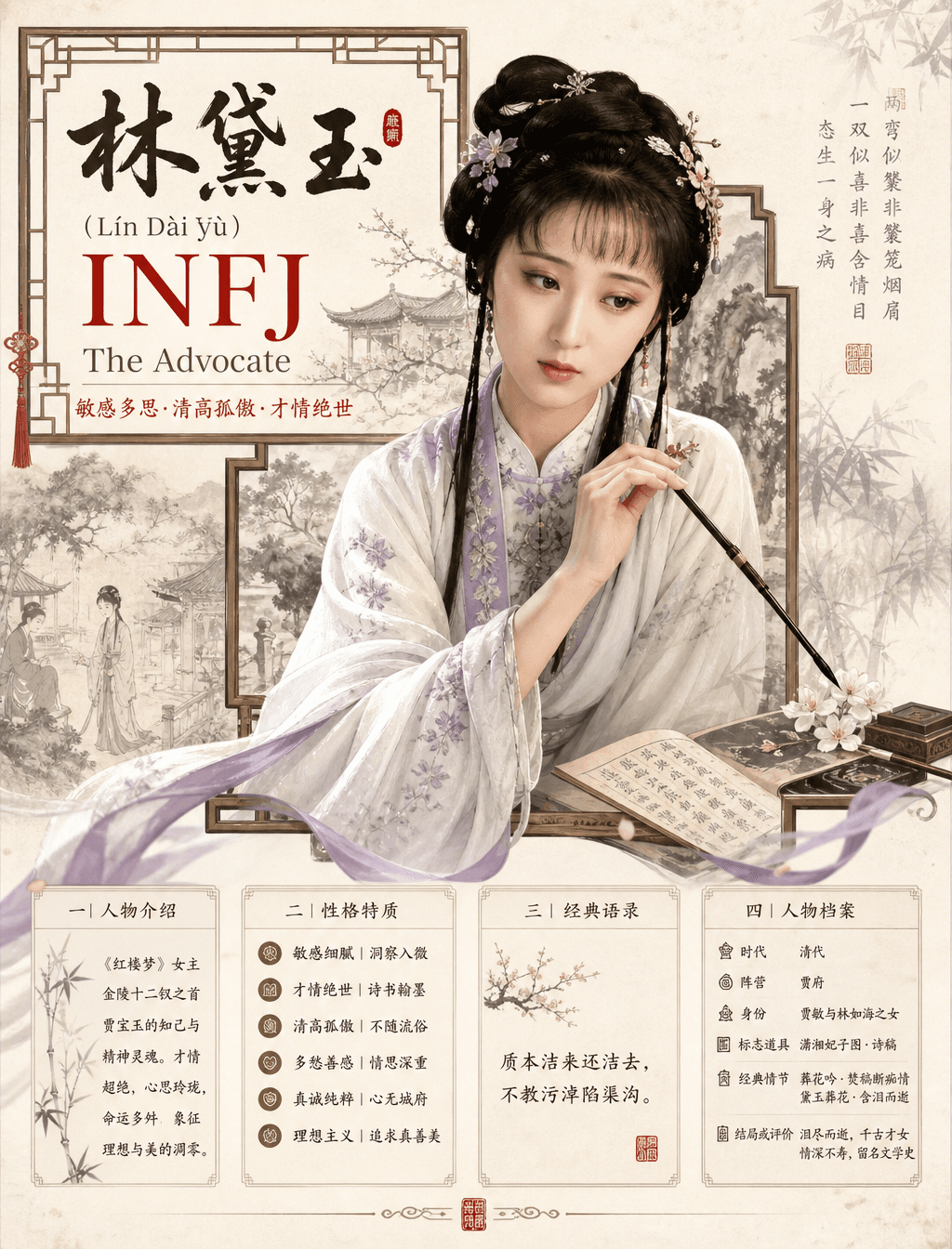 请生成一张【中国古典人物 MBTI 高端国风信息海报】。