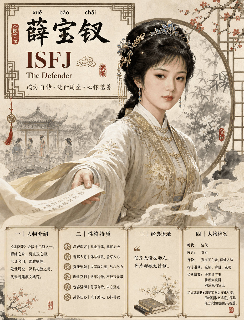 请生成一张【中国古典人物 MBTI 高端国风信息海报】。