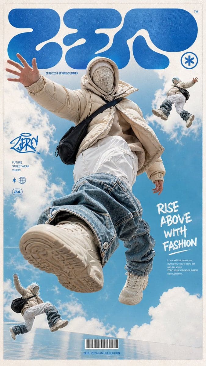 一张高端潮流街头服装海报，画面主体是一位无脸的未来感模特漂浮跳跃在天空中，穿着超大号米色羽绒服、层叠兜帽和针织面罩，面部被完全遮住；下身穿白色宽松工装裤，裤腿外叠加夸张的浅蓝与深…