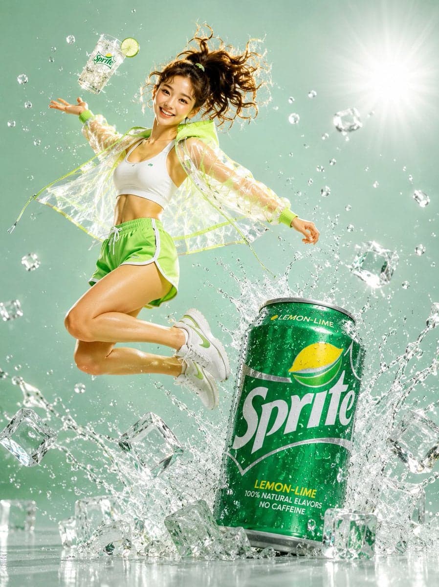 A young woman mid-air jumping pose, high ponytail flying, pure excitement on her face, we…